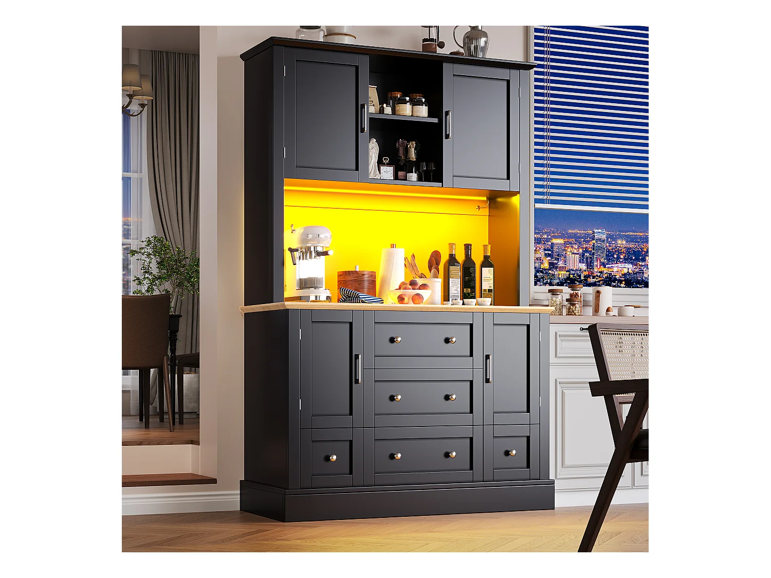 Hochwertiges Küchen-Sideboard – 115 x 40 x 180 cm – mit LEDs + 3 Schubladen + 4 Türen – MDF – schwarz