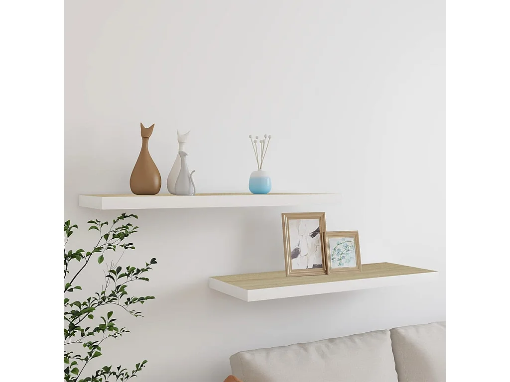 Zwevende planken 2 stuks eiken en wit 80x23,5x3,8 cm MDF