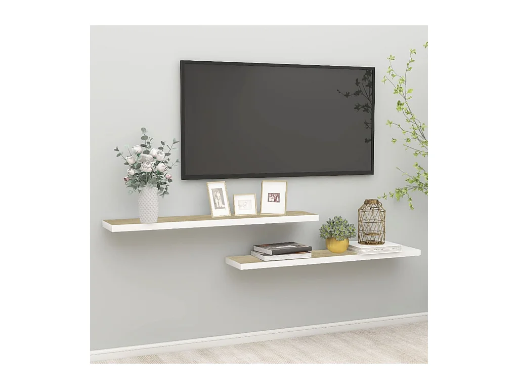 Estantes flotantes 2 piezas roble y blanco 120x23,5x3,8 cm MDF