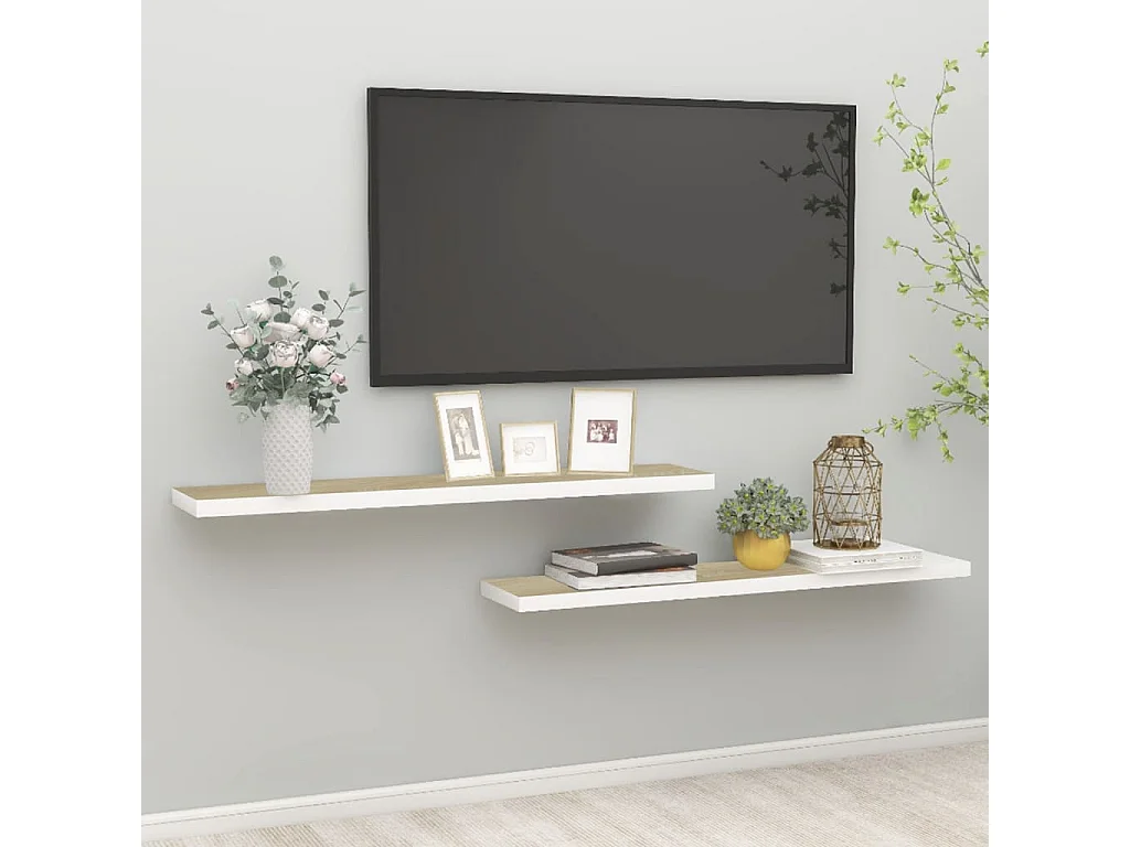 Zwevende planken 2 stuks eiken en wit 120x23,5x3,8 cm MDF