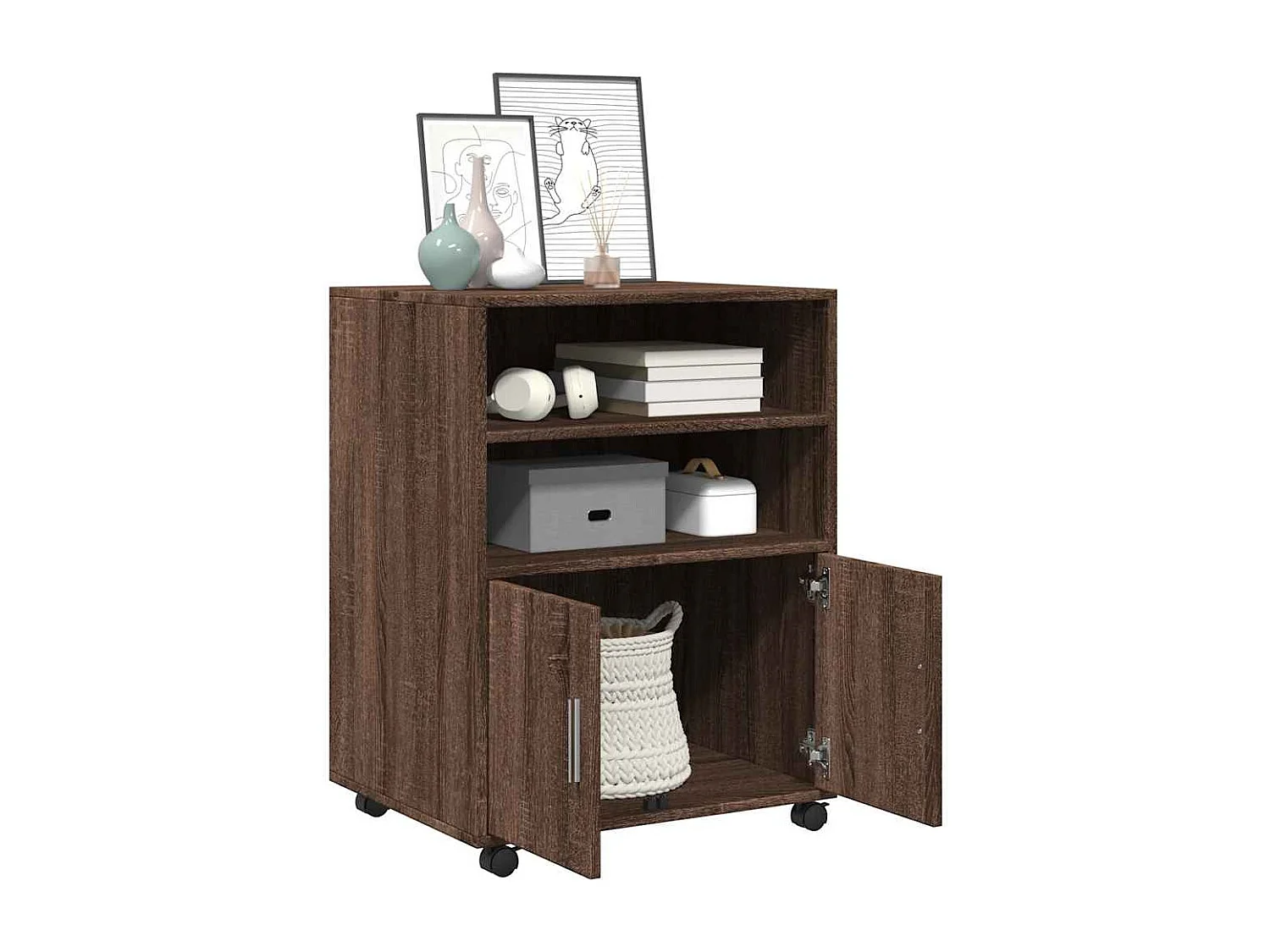 Armario con ruedas de roble marrón 60x48x81 cm madera de ingeniería