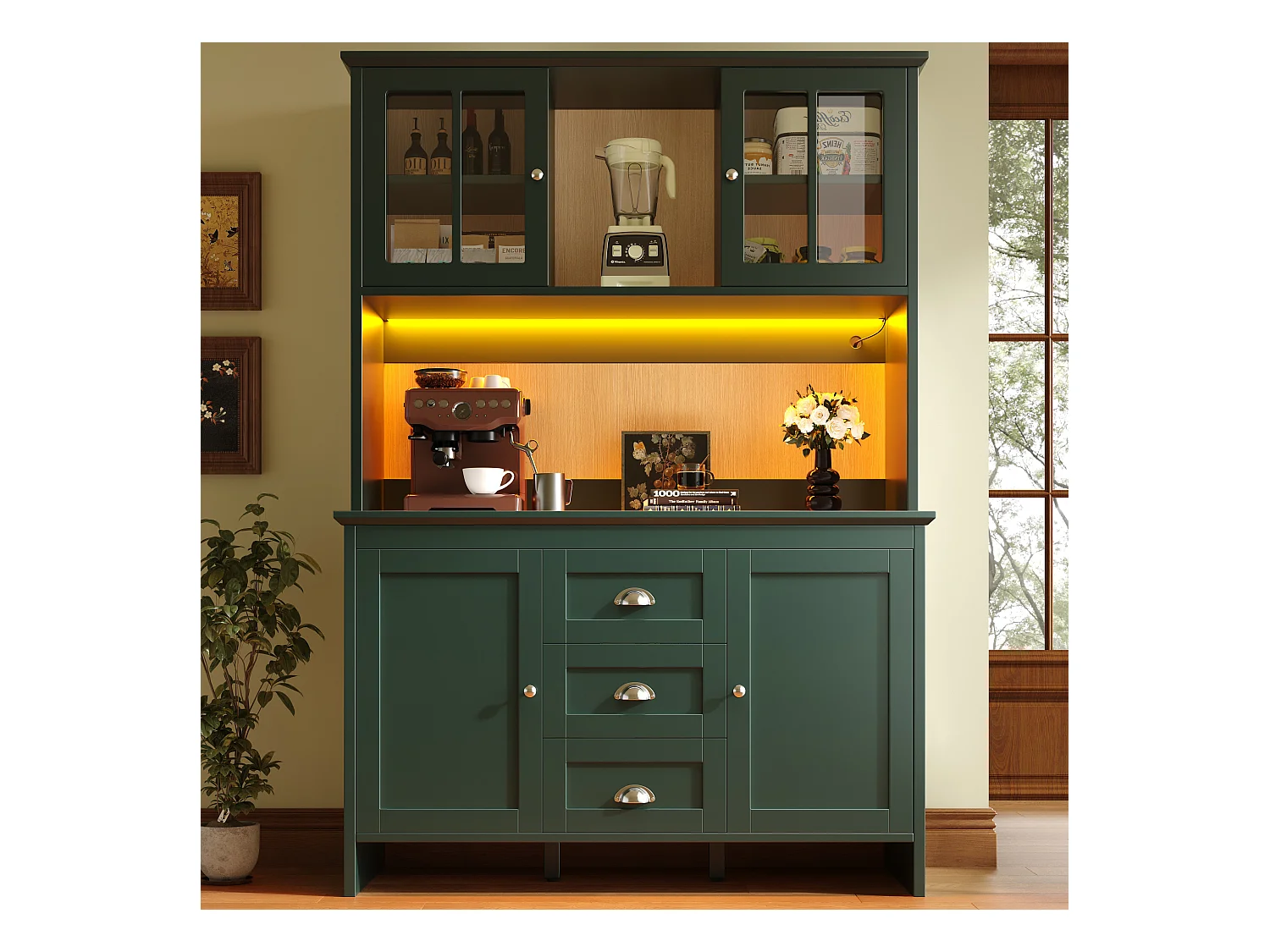 Buffet de cuisine - 120 x 40 x 179 cm - avec 4 portes en verre + Leds + 3 tiroirs - MDF - vert