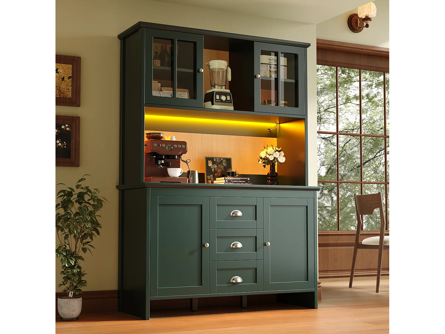 Buffet de cuisine - 120 x 40 x 179 cm - avec 4 portes en verre + Leds + 3 tiroirs - MDF - vert
