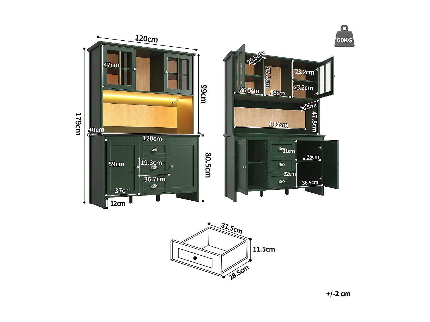 Buffet de cuisine - 120 x 40 x 179 cm - avec 4 portes en verre + Leds + 3 tiroirs - MDF - vert