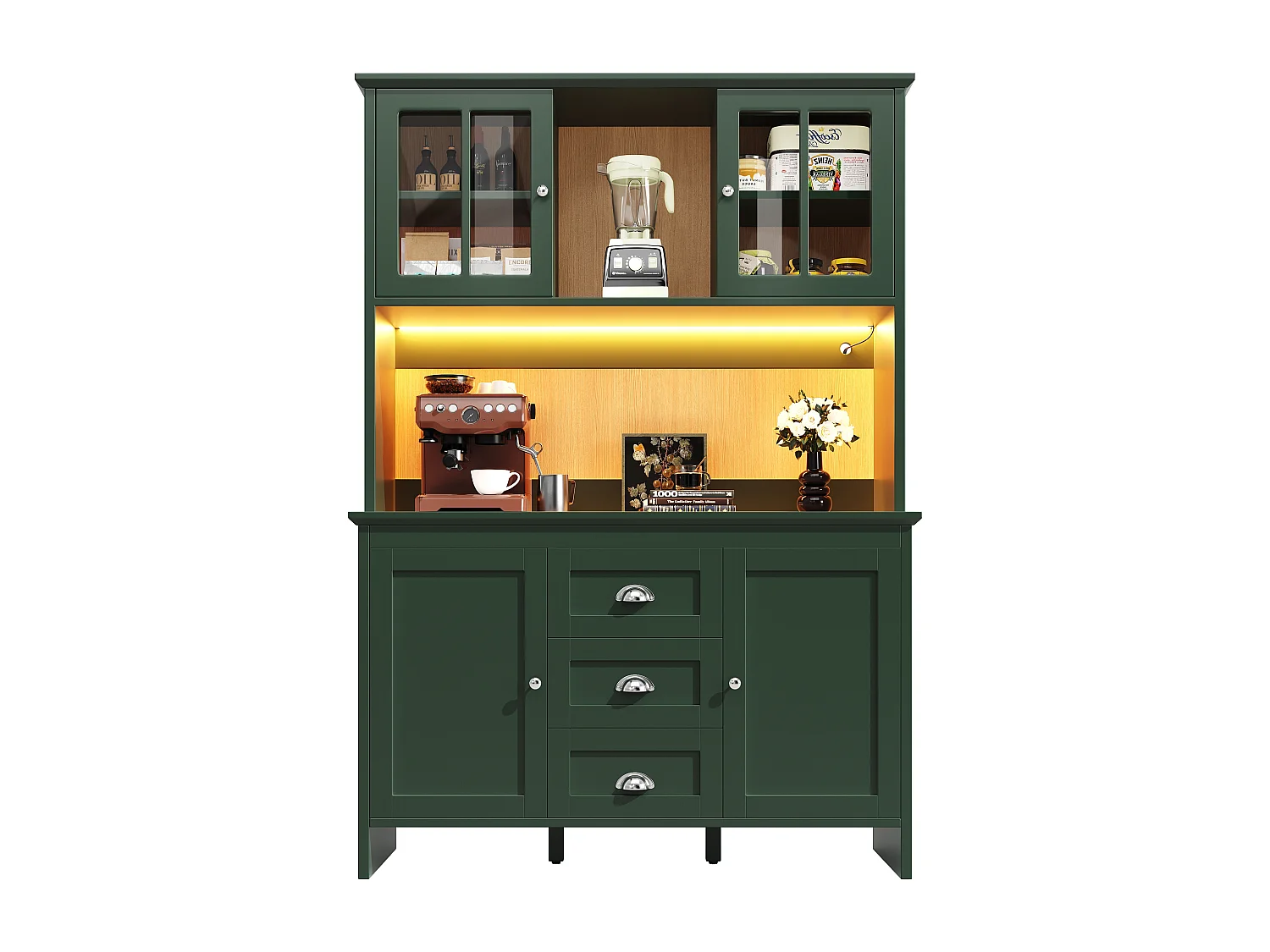 Buffet de cuisine - 120 x 40 x 179 cm - avec 4 portes en verre + Leds + 3 tiroirs - MDF - vert