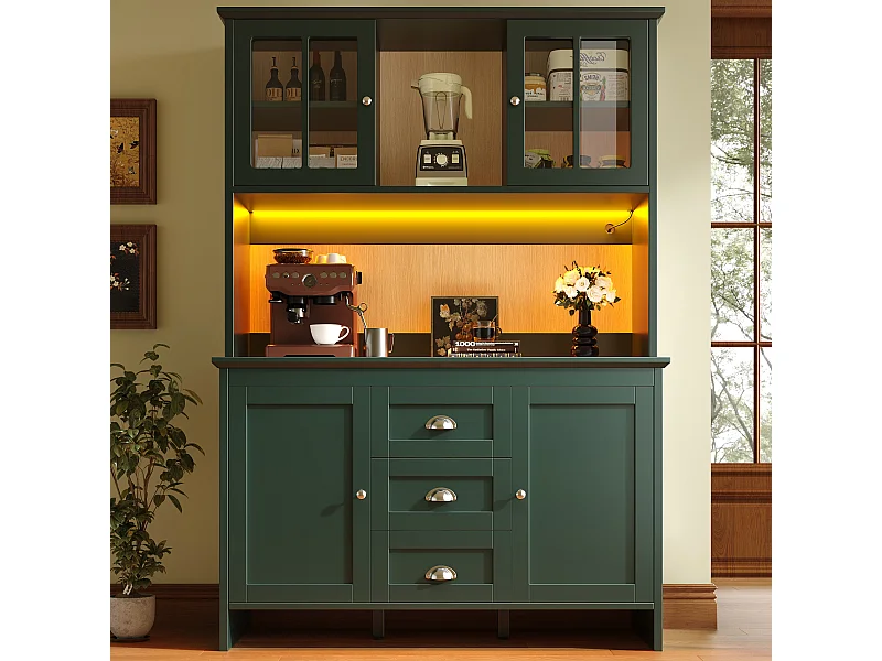 Küchen-Sideboard - 120 x 40 x 179 cm - mit 4 Glastüren + LEDs + 3 Schubladen - MDF - grün