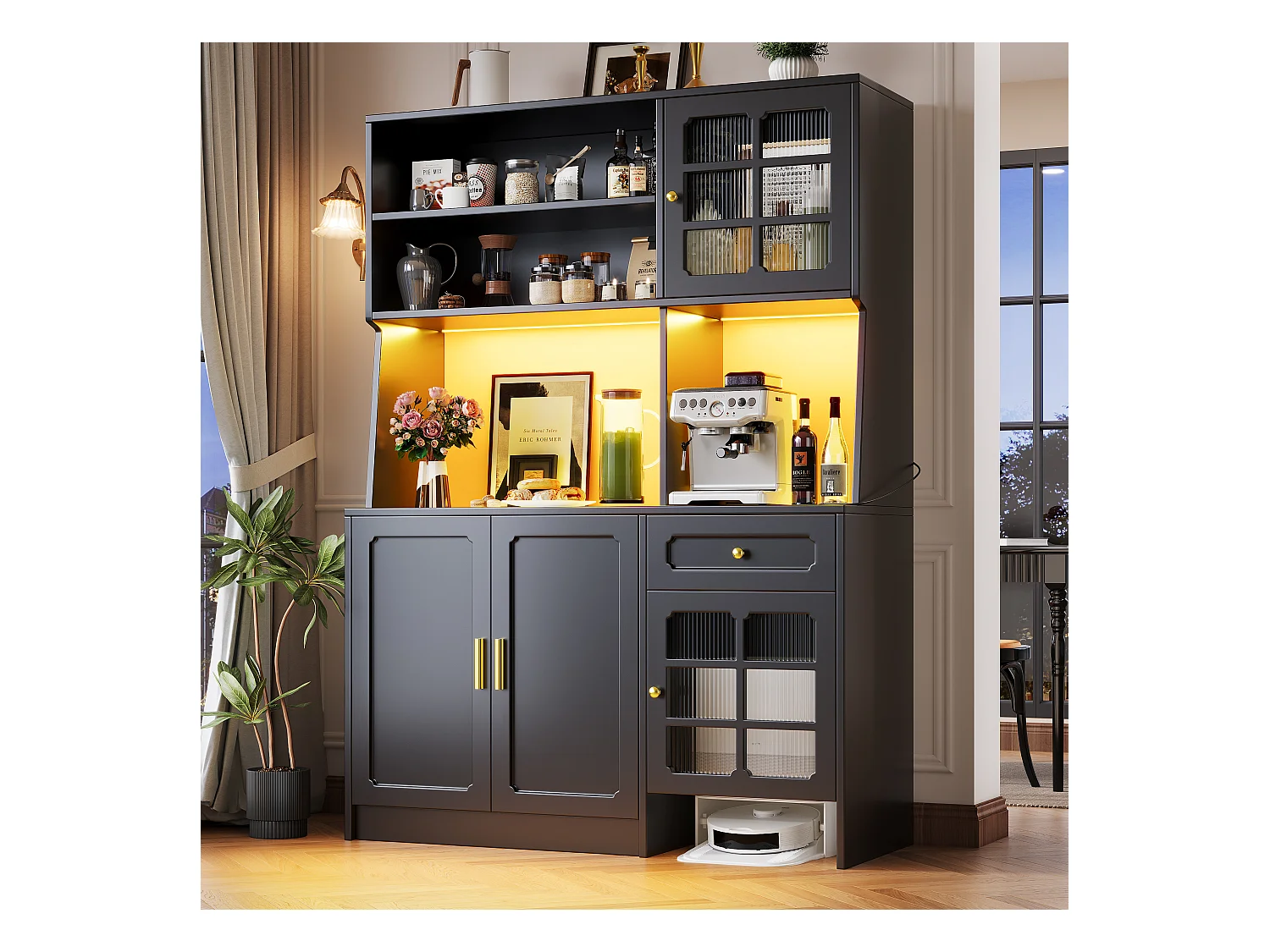 Keuken dressoir - 130 x 45 x 180 cm - met 5 deuren + LED's + 1 lade + plank - MDF - zwart