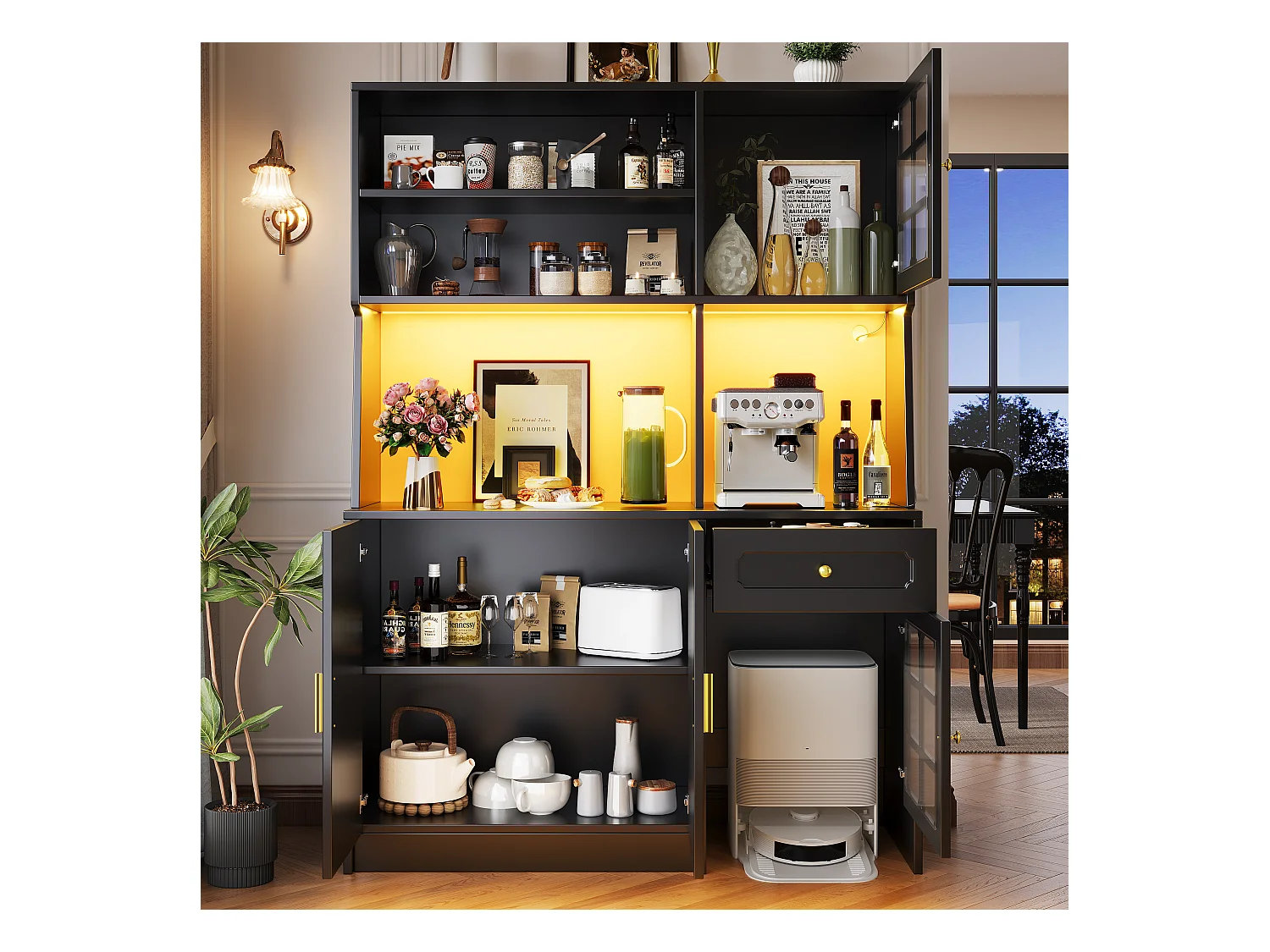 Keuken dressoir - 130 x 45 x 180 cm - met 5 deuren + LED's + 1 lade + plank - MDF - zwart