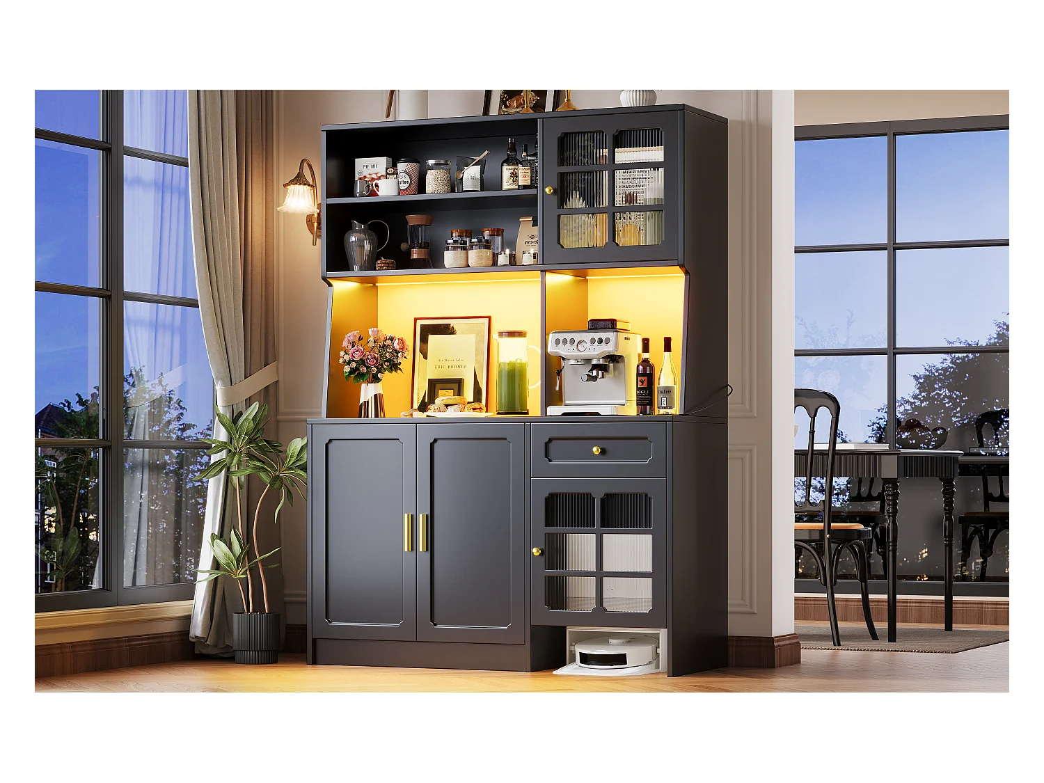 Keuken dressoir - 130 x 45 x 180 cm - met 5 deuren + LED's + 1 lade + plank - MDF - zwart