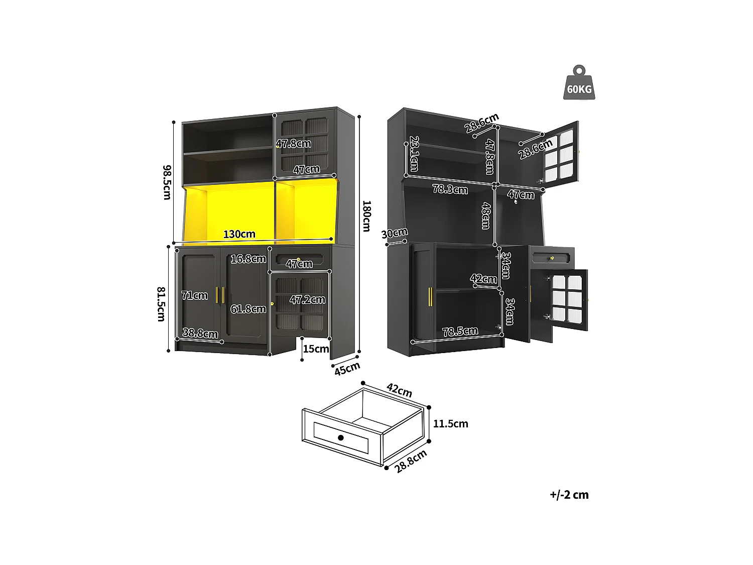 Keuken dressoir - 130 x 45 x 180 cm - met 5 deuren + LED's + 1 lade + plank - MDF - zwart