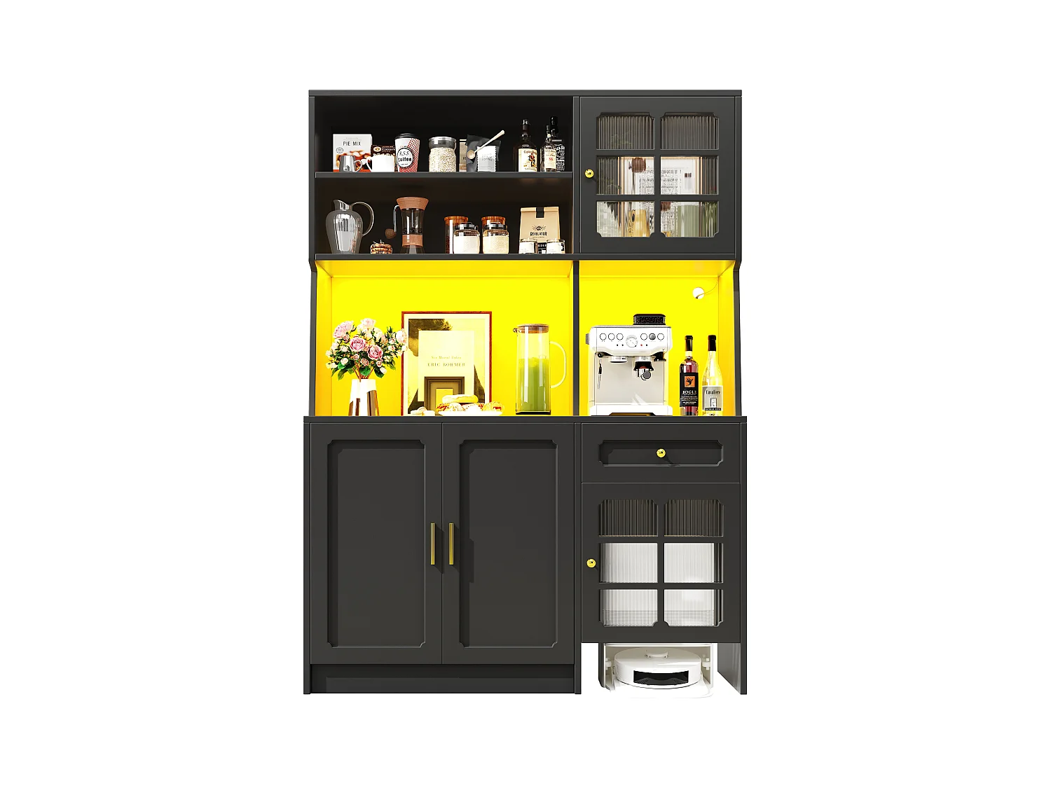 Keuken dressoir - 130 x 45 x 180 cm - met 5 deuren + LED's + 1 lade + plank - MDF - zwart