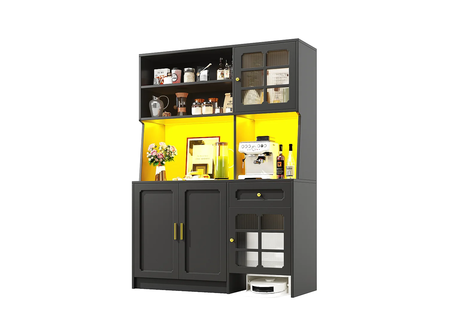 Keuken dressoir - 130 x 45 x 180 cm - met 5 deuren + LED's + 1 lade + plank - MDF - zwart