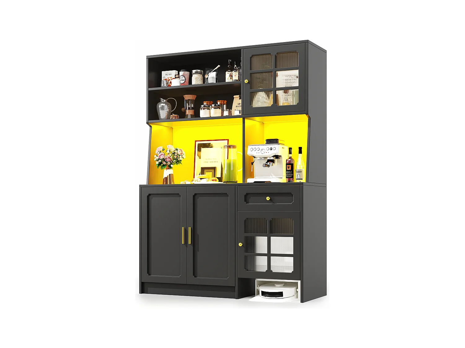 Keuken dressoir - 130 x 45 x 180 cm - met 5 deuren + LED's + 1 lade + plank - MDF - zwart