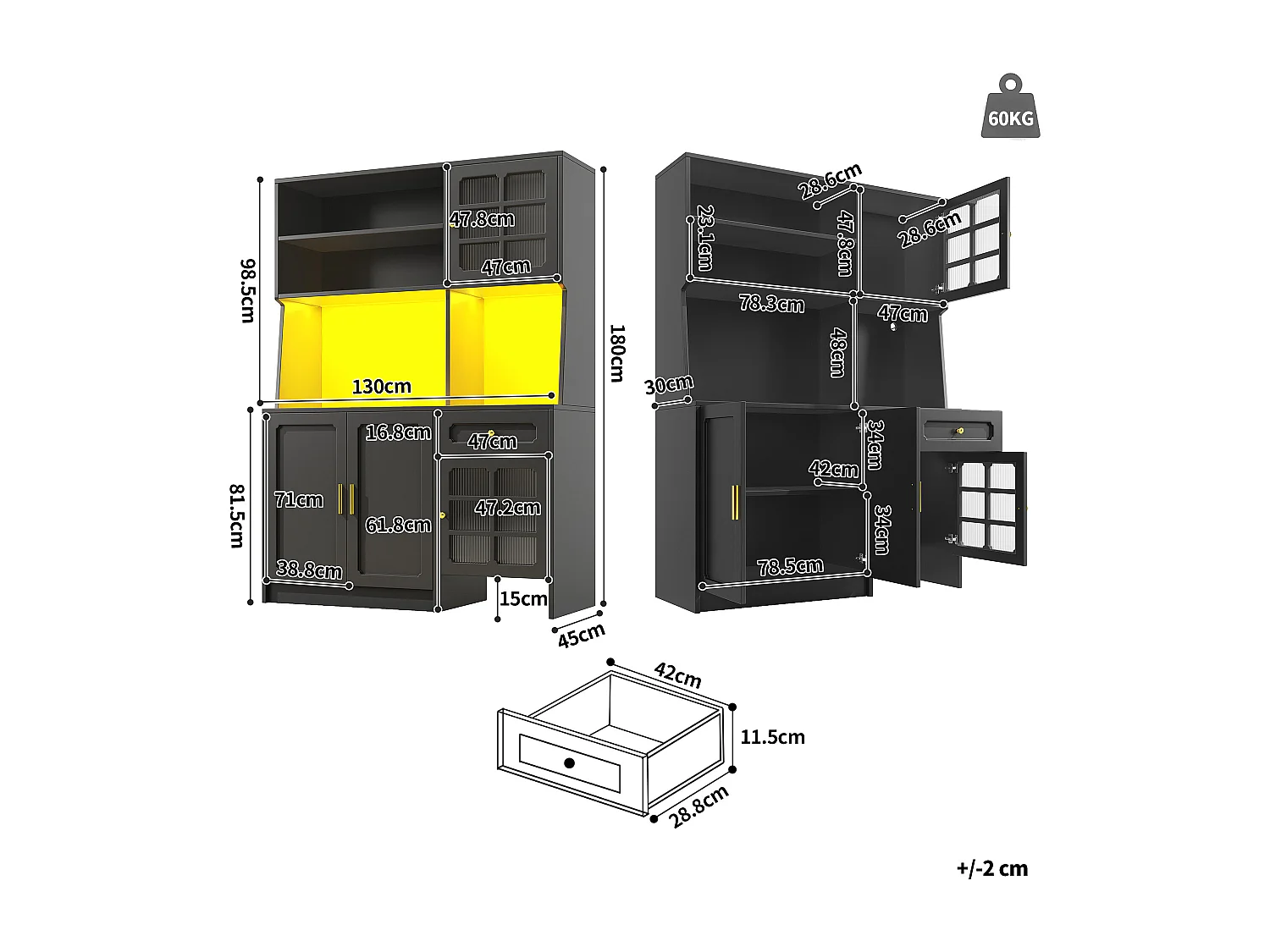 Buffet de cuisine - 130 x 45 x 180 cm - avec 5 portes + Leds + 1 tiroir + étagère - MDF - noir
