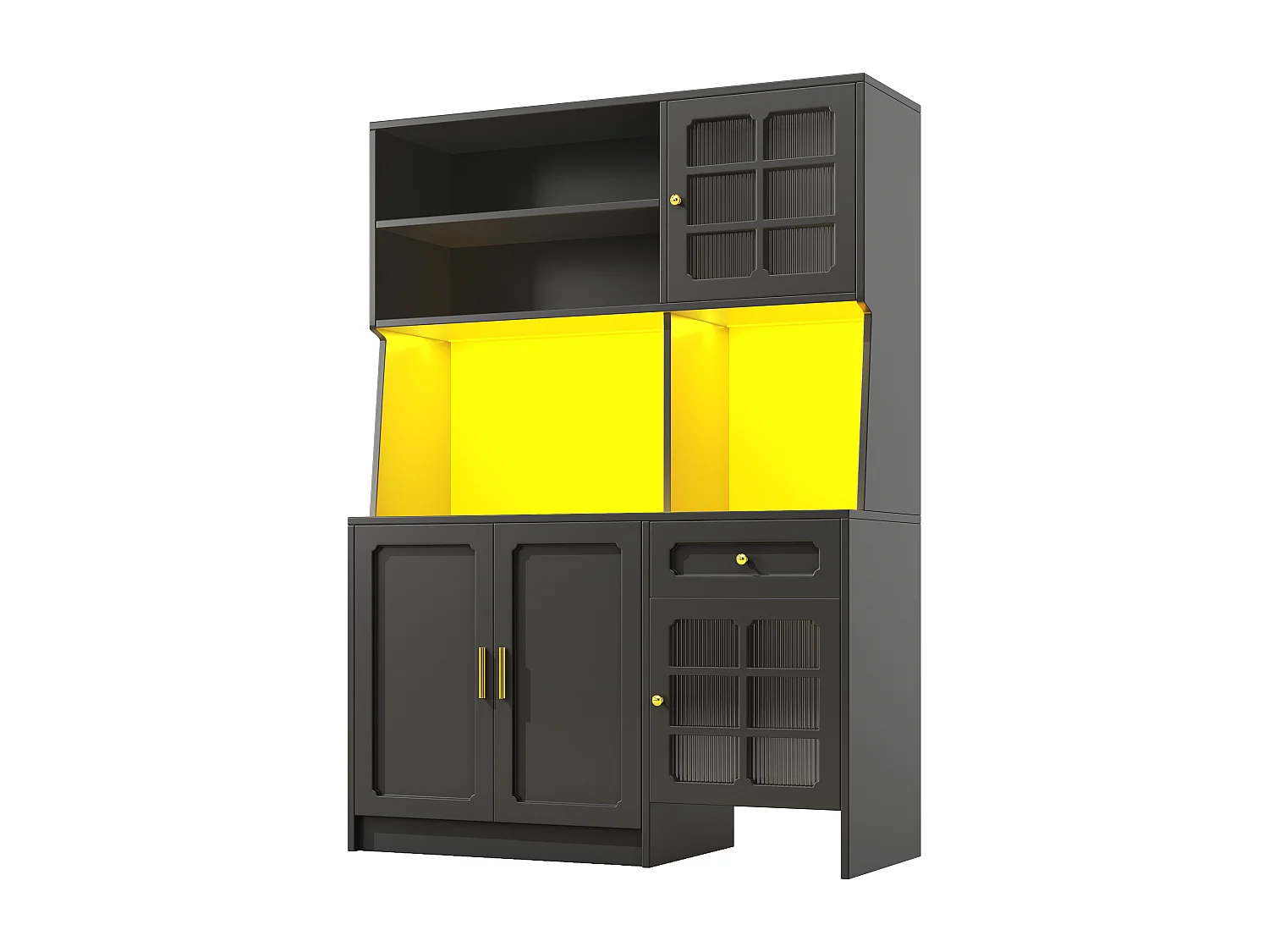 Buffet de cuisine - 130 x 45 x 180 cm - avec 5 portes + Leds + 1 tiroir + étagère - MDF - noir