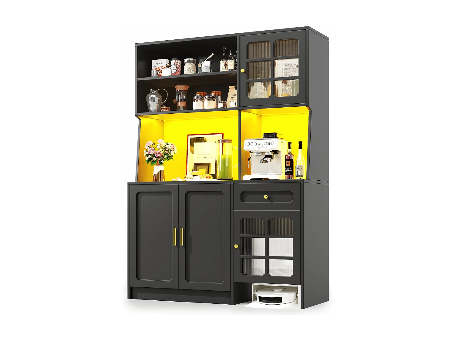 Buffet de cuisine - 130 x 45 x 180 cm - avec 5 portes + Leds + 1 tiroir + étagère - MDF - noir