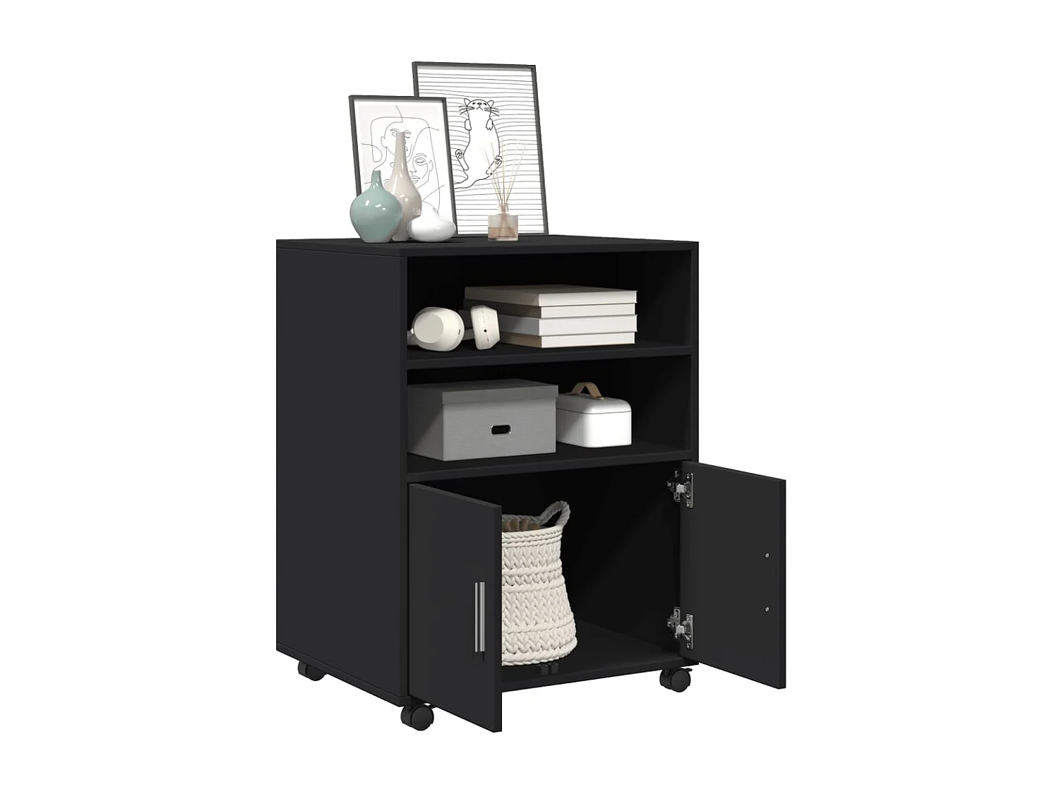 Mobiletto nero con ruote 60x48x81 cm in legno ingegnerizzato