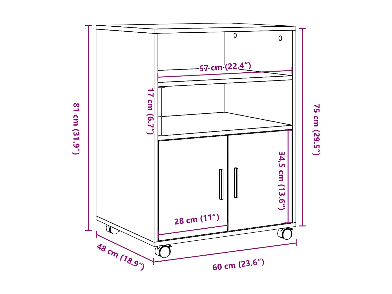 Mobiletto nero con ruote 60x48x81 cm in legno ingegnerizzato