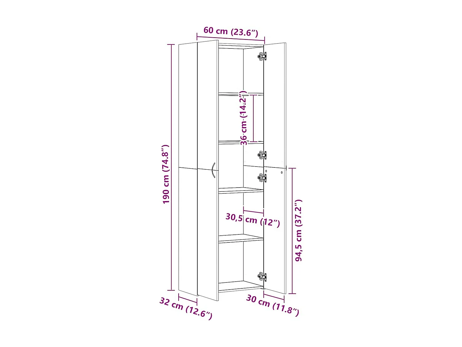 Betongrijze kantoorkast 60x32x190 cm bewerkt hout