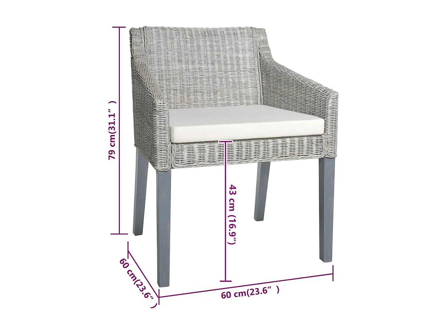 Set di 2 sedie da pranzo con cuscini in rattan naturale grigio