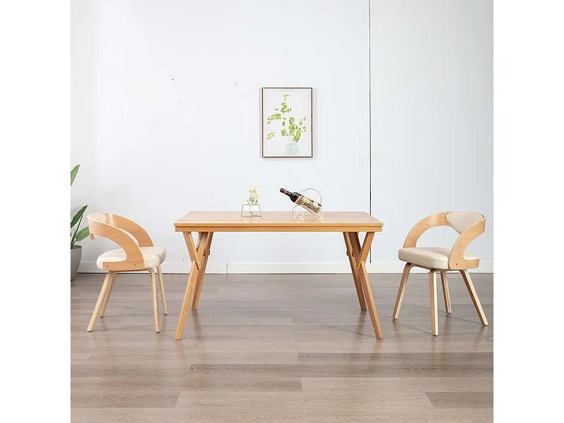 Juego de 2 sillas de comedor de madera curvada color crema y piel sintética.