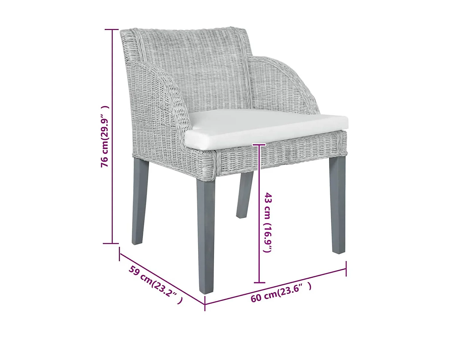 Chaises à manger avec coussins lot de 2 gris rotin naturel