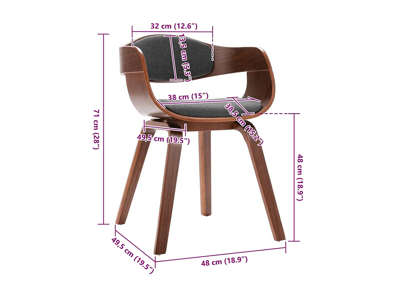 Set di 2 sedie da pranzo in legno curvato e tessuto grigio