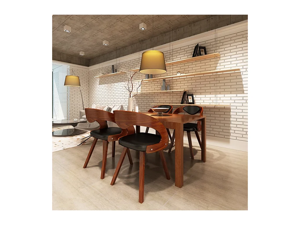 Set di 4 sedie da pranzo in legno curvato marrone e similpelle