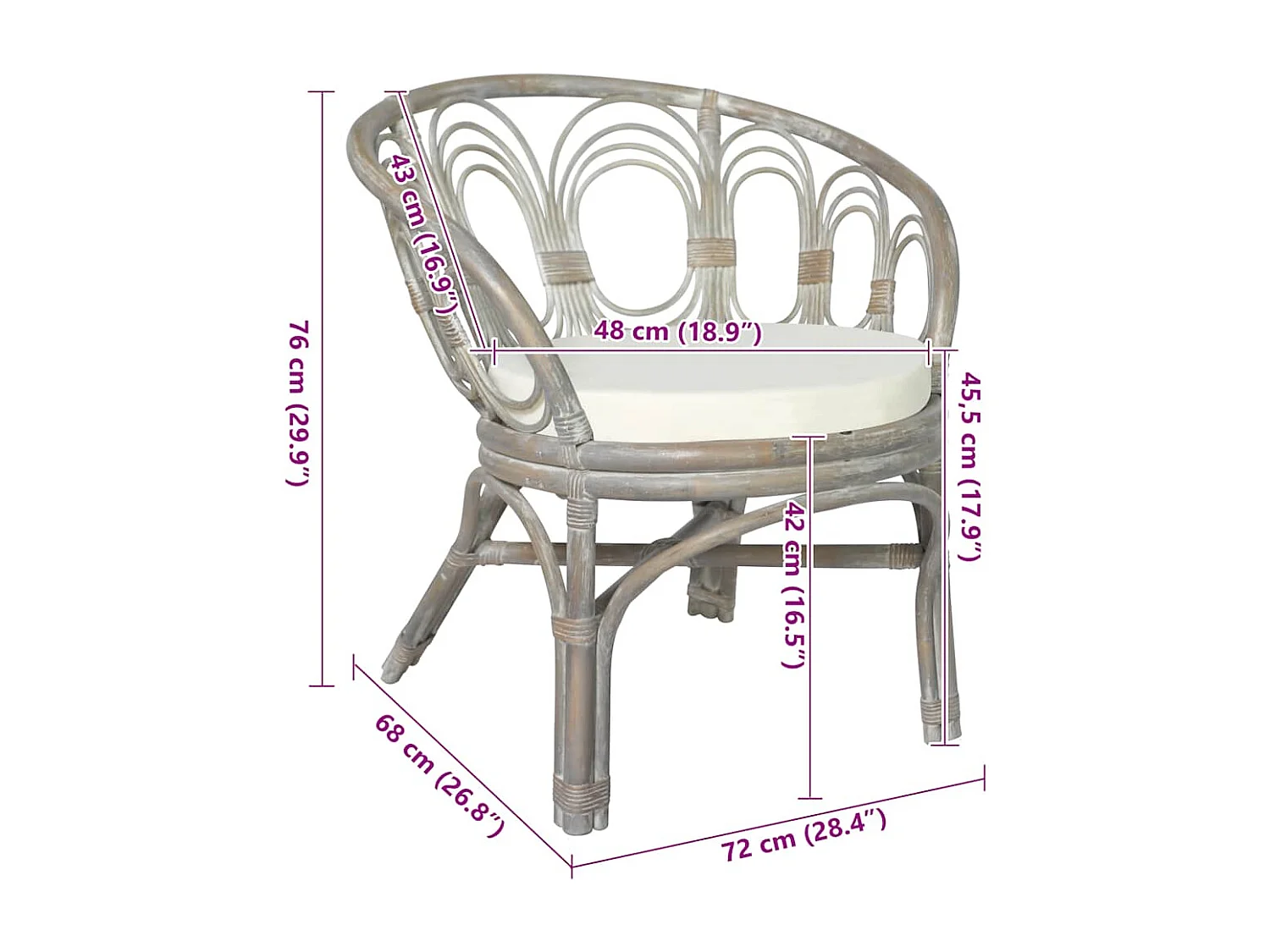 Silla de comedor con cojín gris Ratán natural y lino