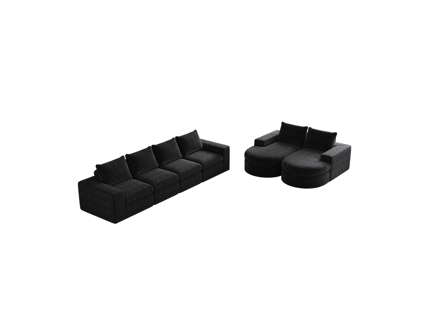 Canapé modulaire en chenille avec éléments incurvés et repose-pied, design compressé, mousse haute densité, noir (114x43x43 cm)