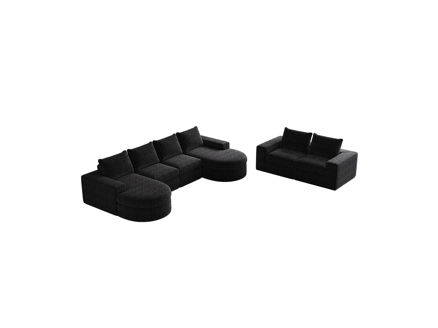 Canapé modulaire en chenille avec éléments incurvés et repose-pied, design compressé, mousse haute densité, noir (114x43x43 cm)