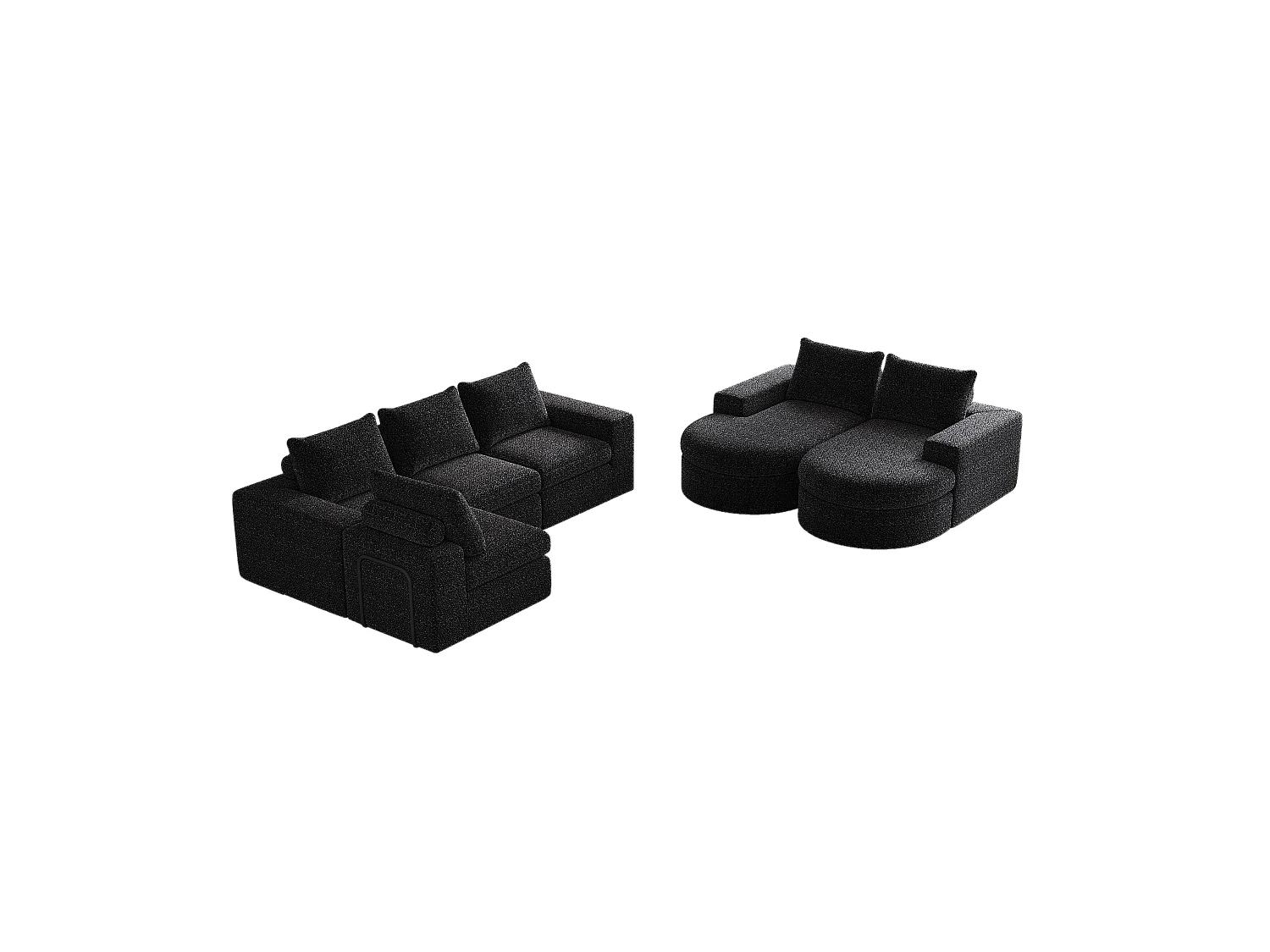 Canapé modulaire en chenille avec éléments incurvés et repose-pied, design compressé, mousse haute densité, noir (114x43x43 cm)