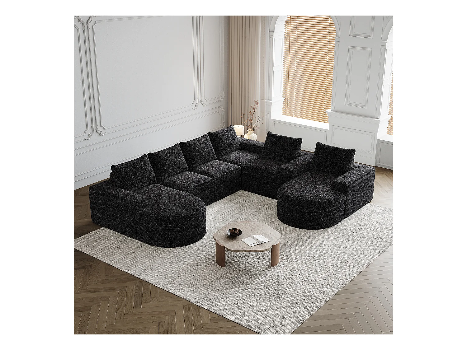 Canapé modulaire en chenille avec éléments incurvés et repose-pied, design compressé, mousse haute densité, noir (114x43x43 cm)