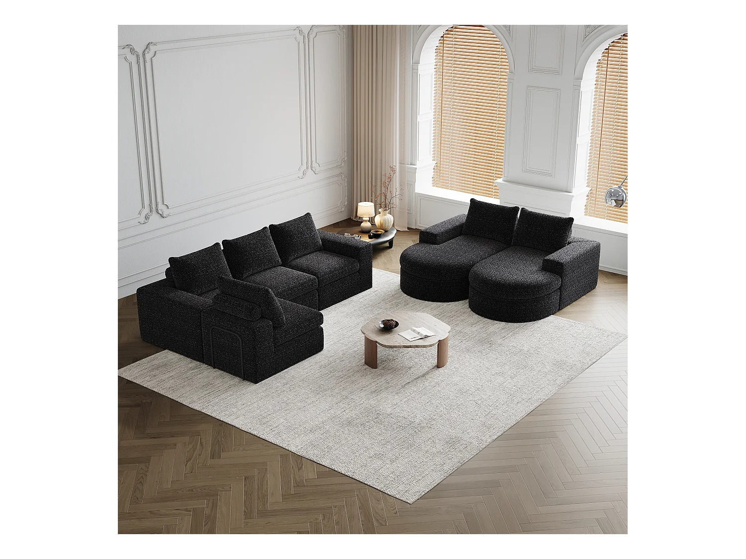 Divano modulare in ciniglia con elementi curvi e poggiapiedi, design compresso, schiuma ad alta densità, nero (114x43x43 cm)