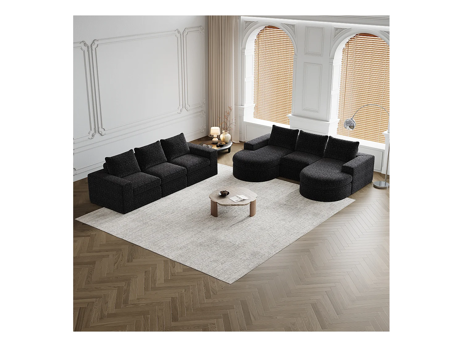 Divano modulare in ciniglia con elementi curvi e poggiapiedi, design compresso, schiuma ad alta densità, nero (114x43x43 cm)