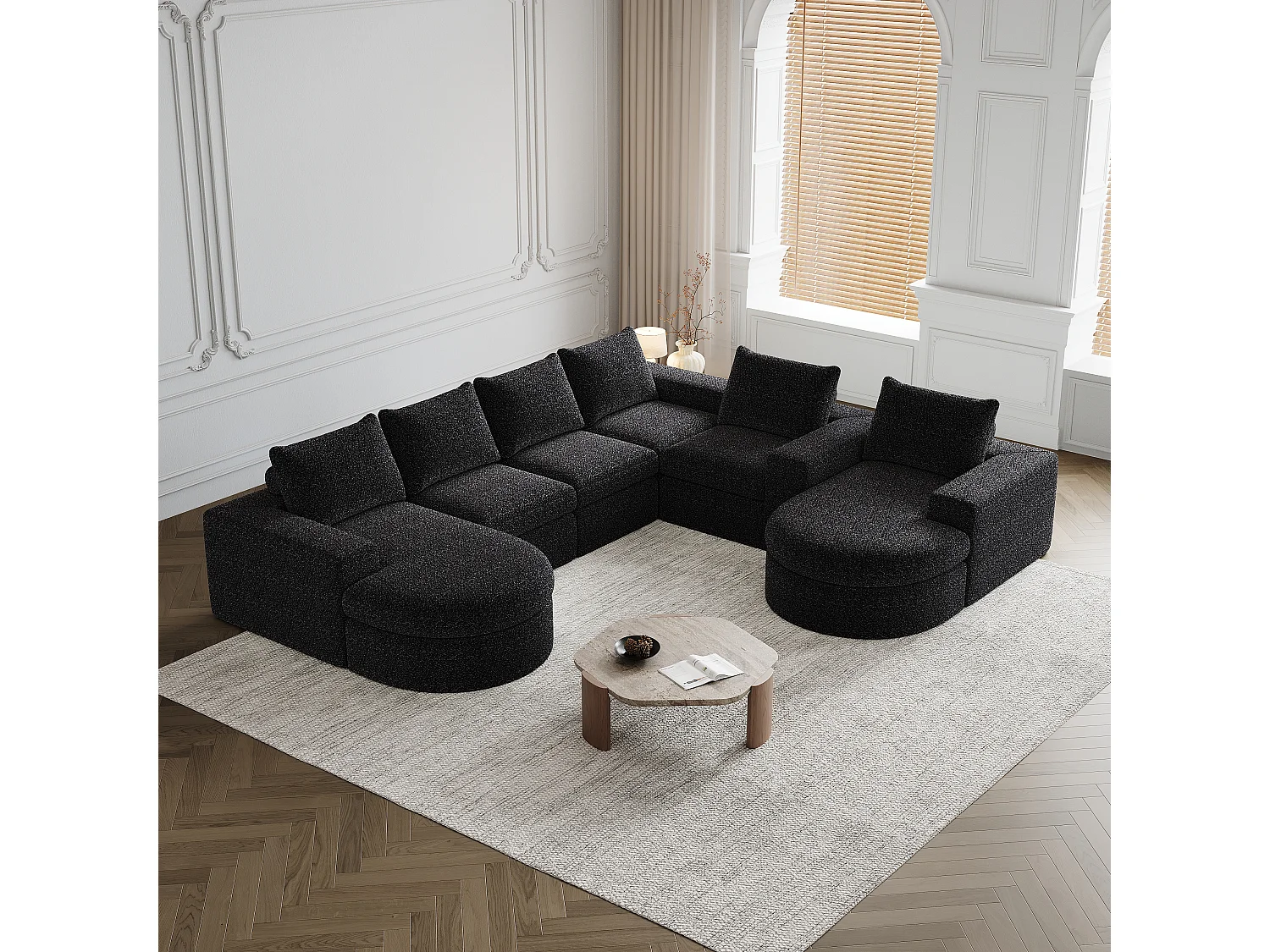 Canapé modulaire en chenille avec éléments incurvés et repose-pied, design compressé, mousse haute densité, noir (114x43x43 cm)