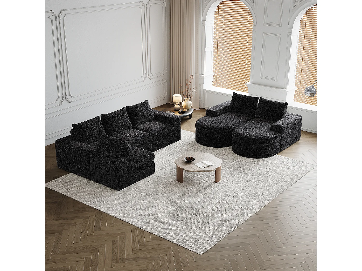 Canapé modulaire en chenille avec éléments incurvés et repose-pied, design compressé, mousse haute densité, noir (114x43x43 cm)