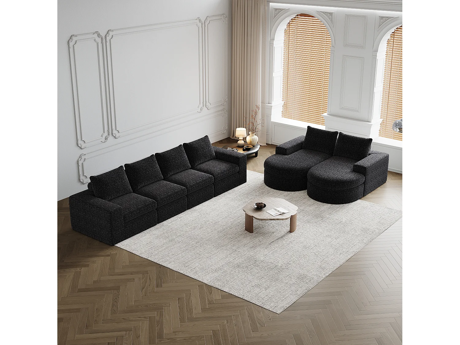 Canapé modulaire en chenille avec éléments incurvés et repose-pied, design compressé, mousse haute densité, noir (114x43x43 cm)