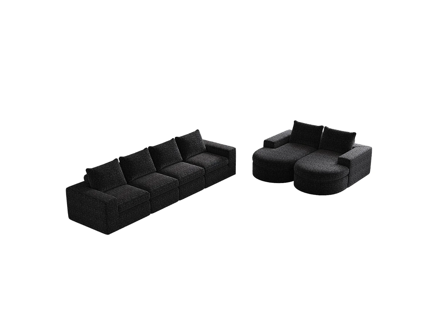 Canapé modulaire en chenille avec éléments incurvés et repose-pied, design compressé, mousse haute densité, noir (114x43x43 cm)