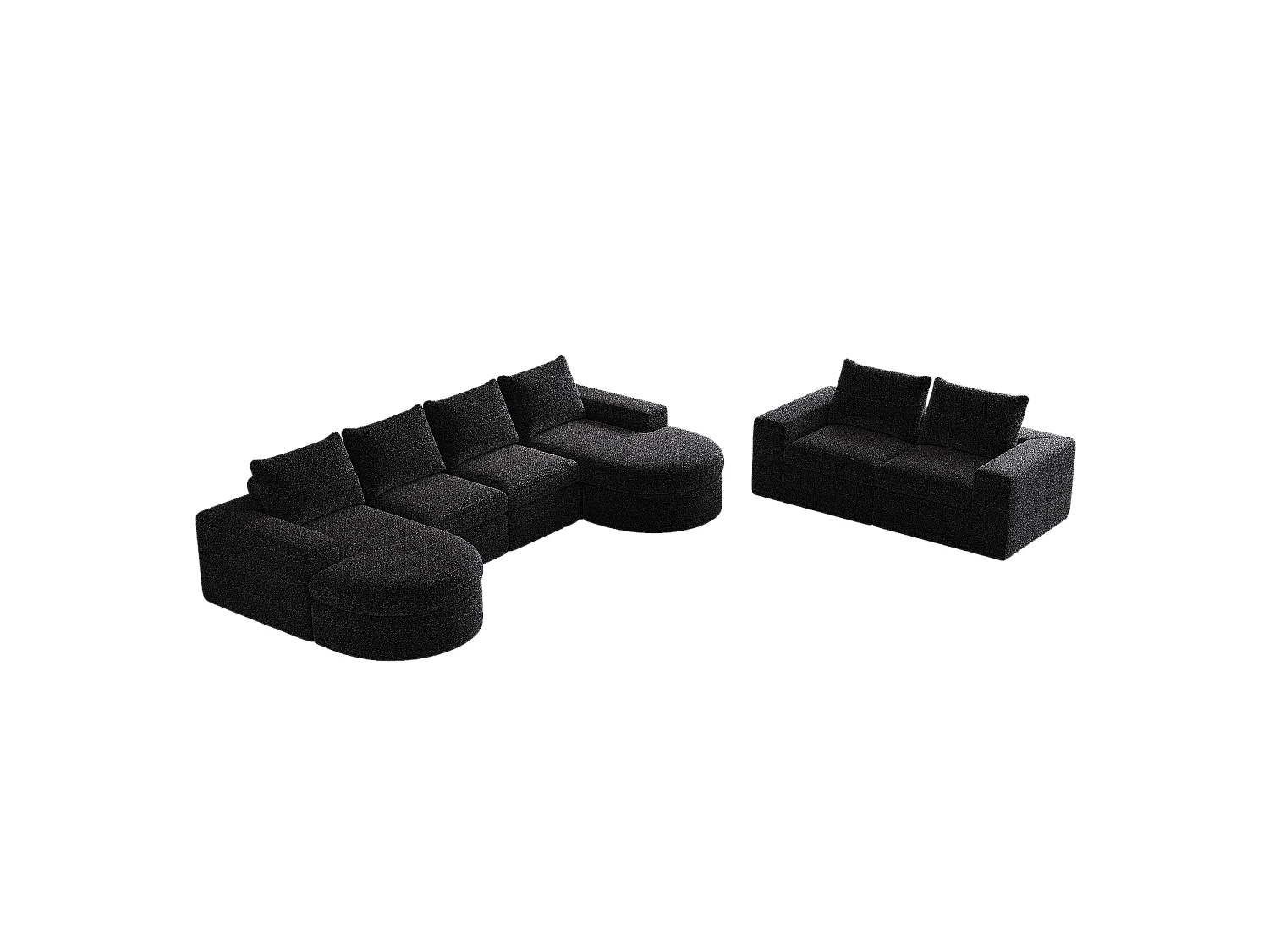 Canapé modulaire en chenille avec éléments incurvés et repose-pied, design compressé, mousse haute densité, noir (114x43x43 cm)