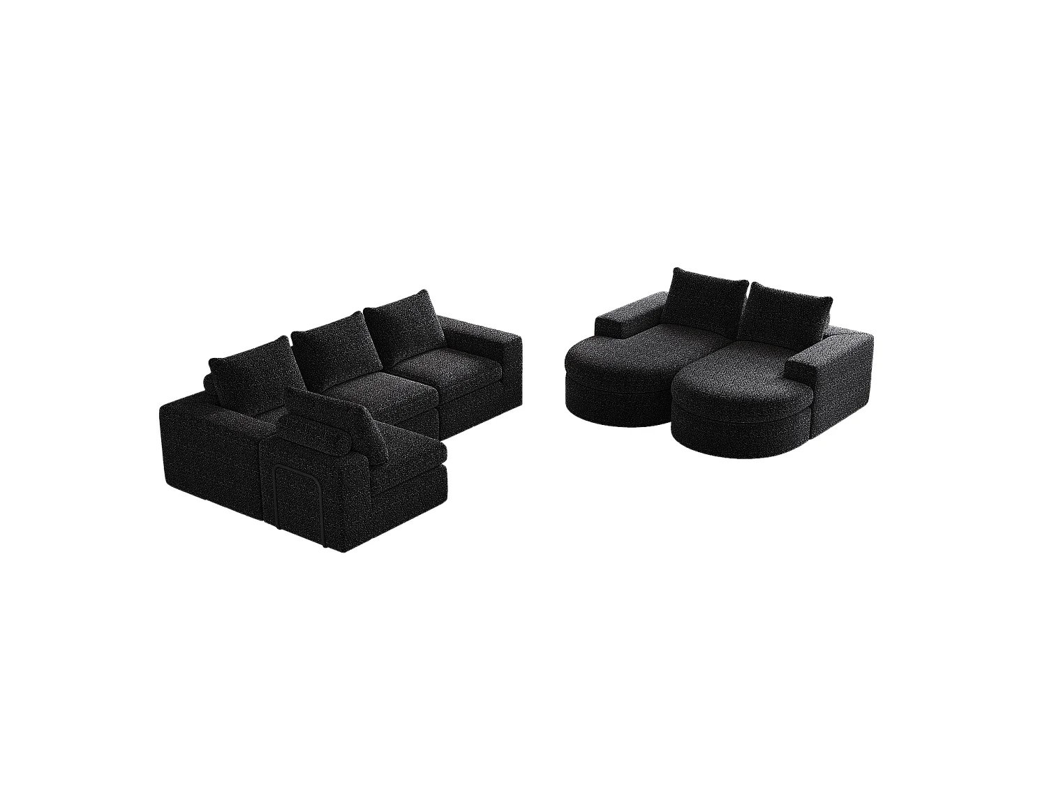 Canapé modulaire en chenille avec éléments incurvés et repose-pied, design compressé, mousse haute densité, noir (114x43x43 cm)