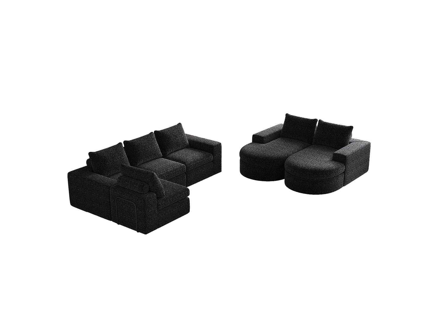 Canapé modulaire en chenille avec éléments incurvés et repose-pied, design compressé, mousse haute densité, noir (114x43x43 cm)