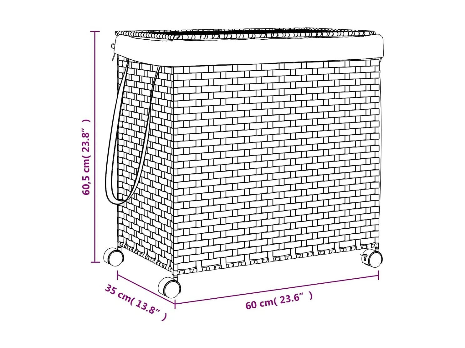 Panier à linge avec roulettes gris 60x35x60,5 cm résine tressée