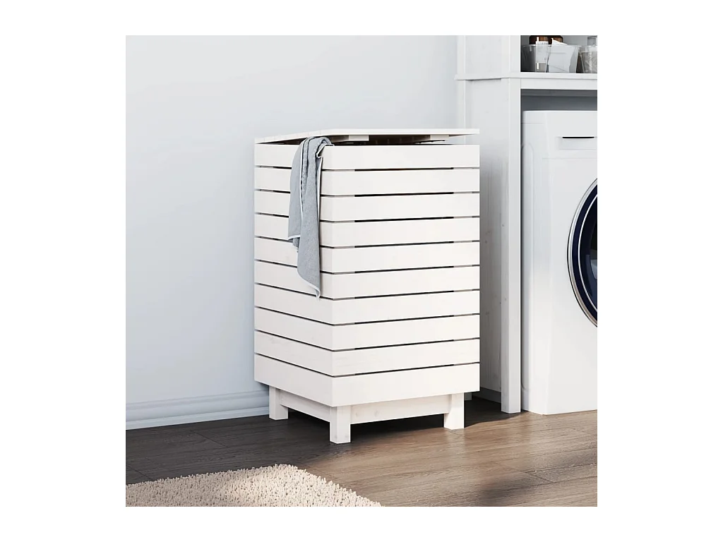 Panier à linge blanc 44x44x76 cm bois massif de pin