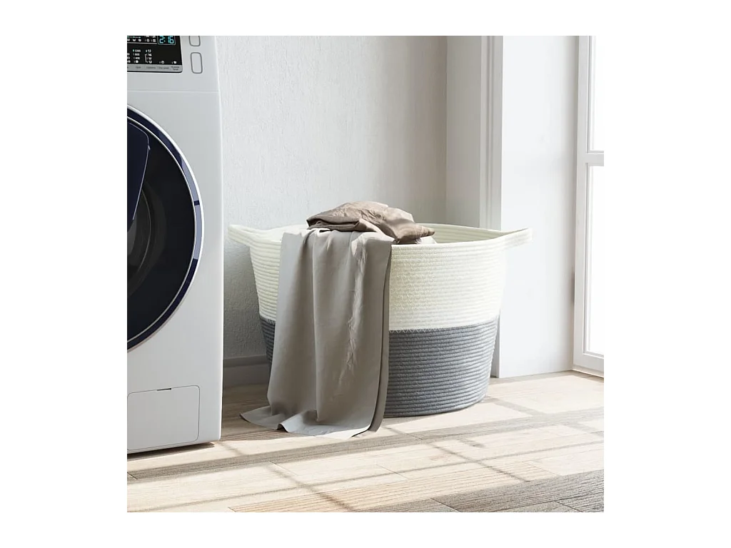 Panier à linge gris et blanc Ø60x36 cm coton