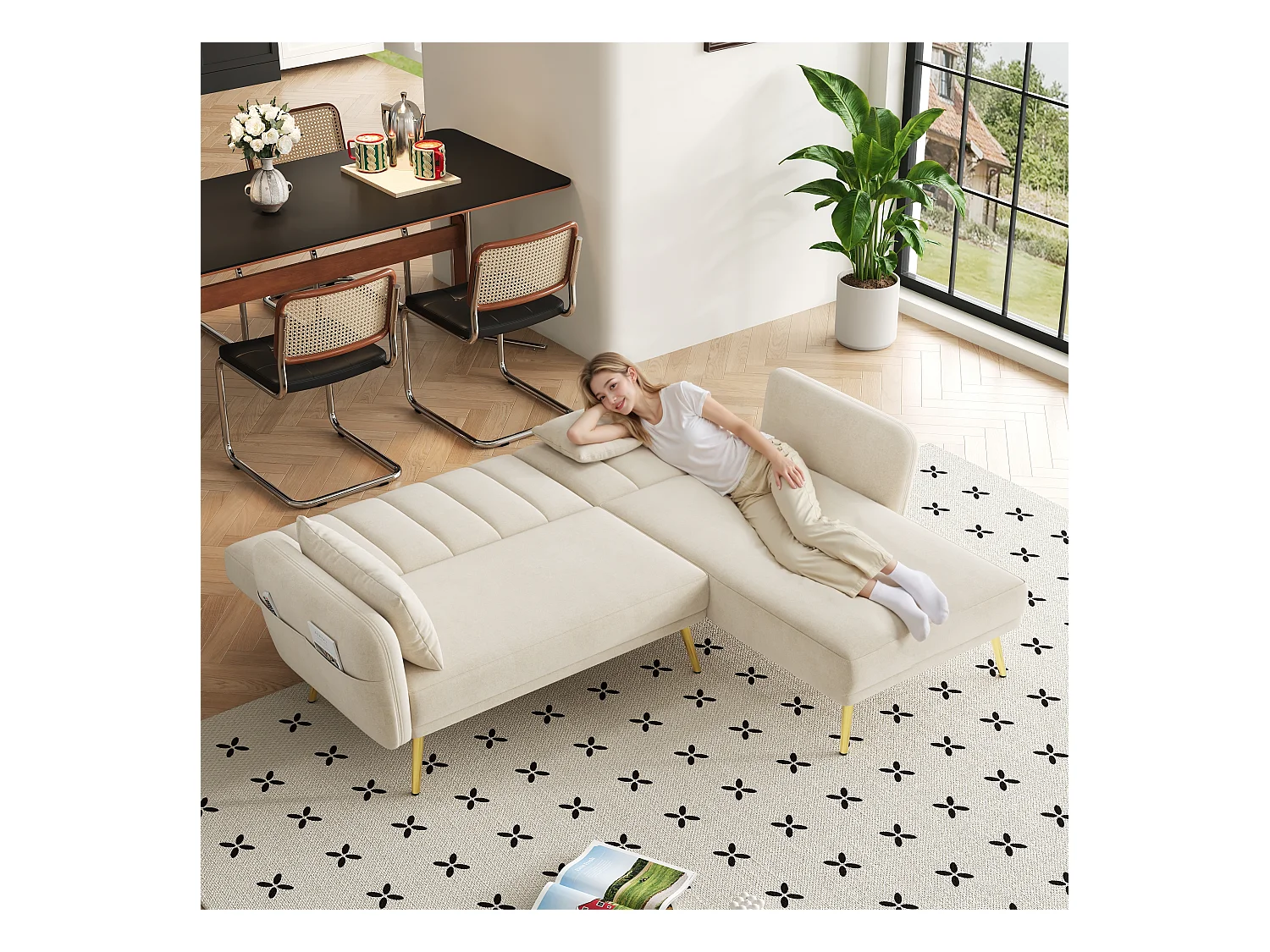 Canapé-lit convertible, L-forme, tissu velours gris, avec rangement et 3 positions de dossier (191.5x130.5x80 cm)