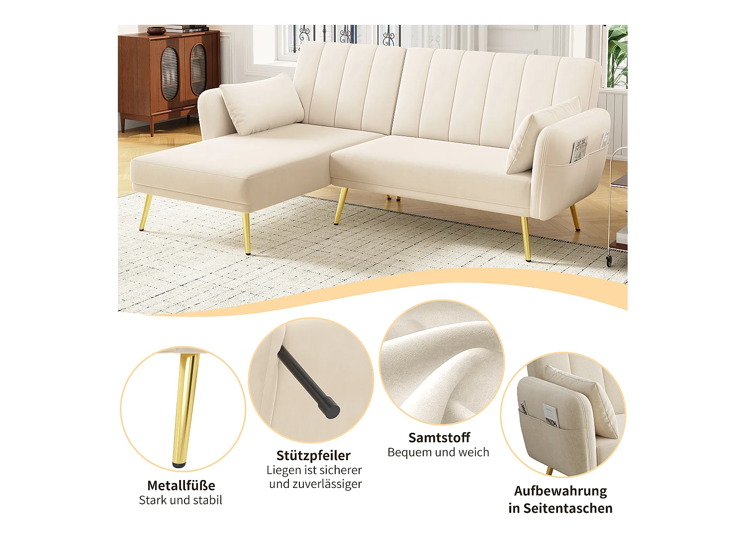 Canapé-lit convertible, L-forme, tissu velours gris, avec rangement et 3 positions de dossier (191.5x130.5x80 cm)