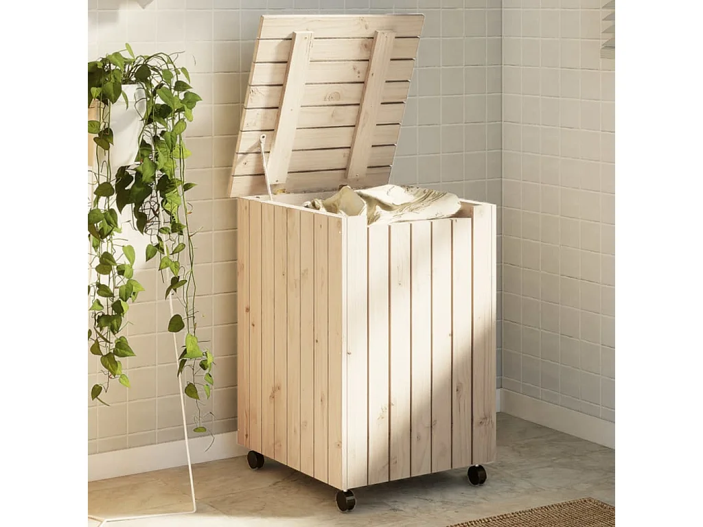 Panier à linge et roulettes RANA 45x45x64 cm bois massif de pin