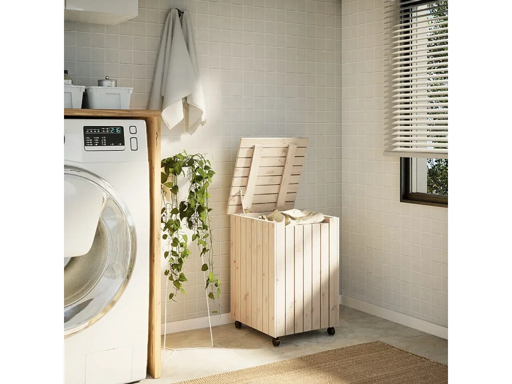 Panier à linge et roulettes RANA 45x45x64 cm bois massif de pin