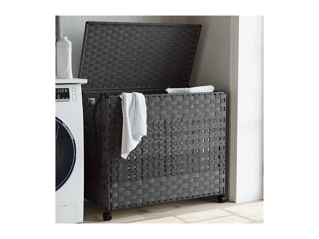 Panier à linge avec roulettes gris 66x35x60 cm résine tressée